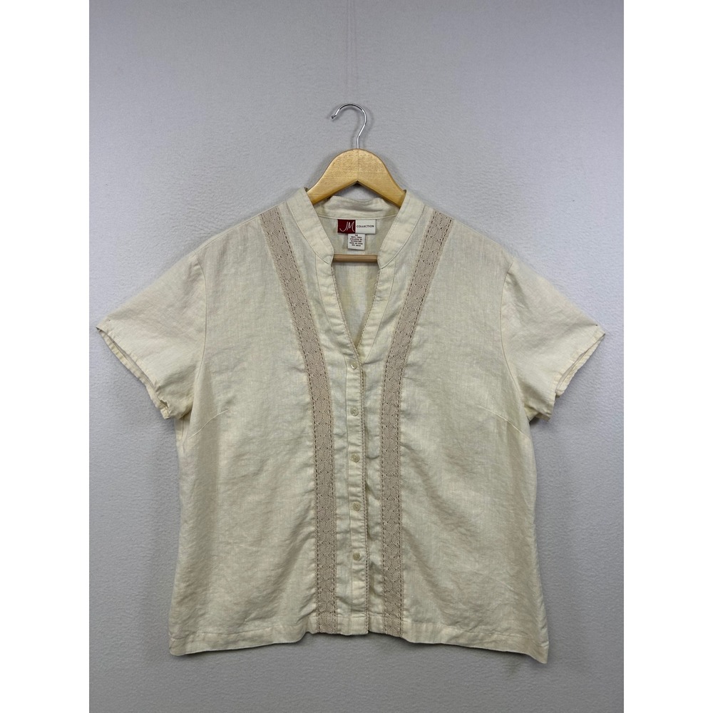 JM Collection Coastal Grandma Womens 14 Cream 100% Linen Crochet Lace Blouse